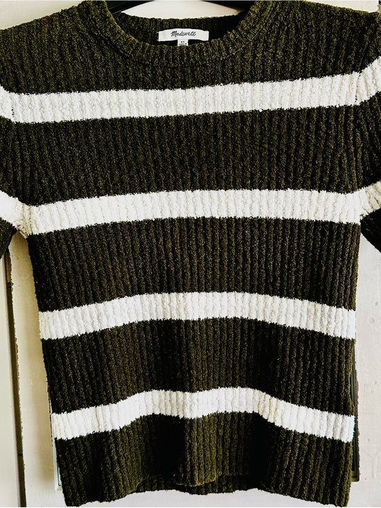 Madewell Sweaters - Madewell Olive Green & White Striped Ribbed Crew Sweater